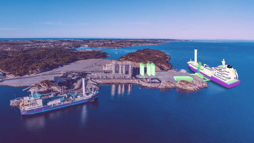 Foto da instalação do projeto Northern Lights， em Øygarden (Noruega)， com ilustração da infraestrutura prevista para a expansão. — Foto: Northern Lights