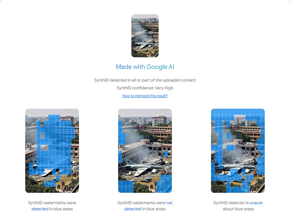 Áreas em azul na primeira imagem mostram os pontos em que a marca d'água das IAs do Google foram identificadas na foto enganosa do acidente. — Foto: Reprodução/SynthID