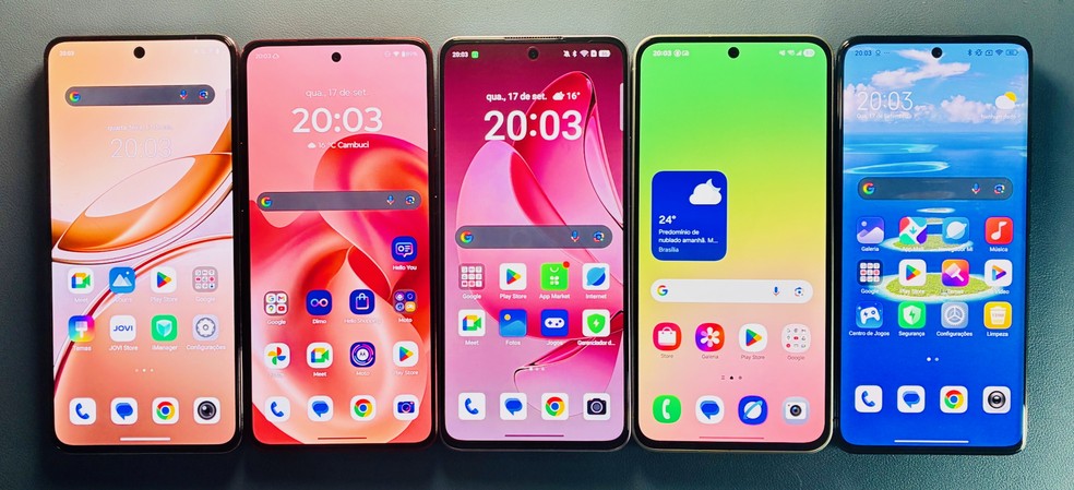 Celulares intermediários vistos de frente: Jovi， Motorola， Oppo， Samsung e Xiaomi — Foto: Henrique Martin/g1