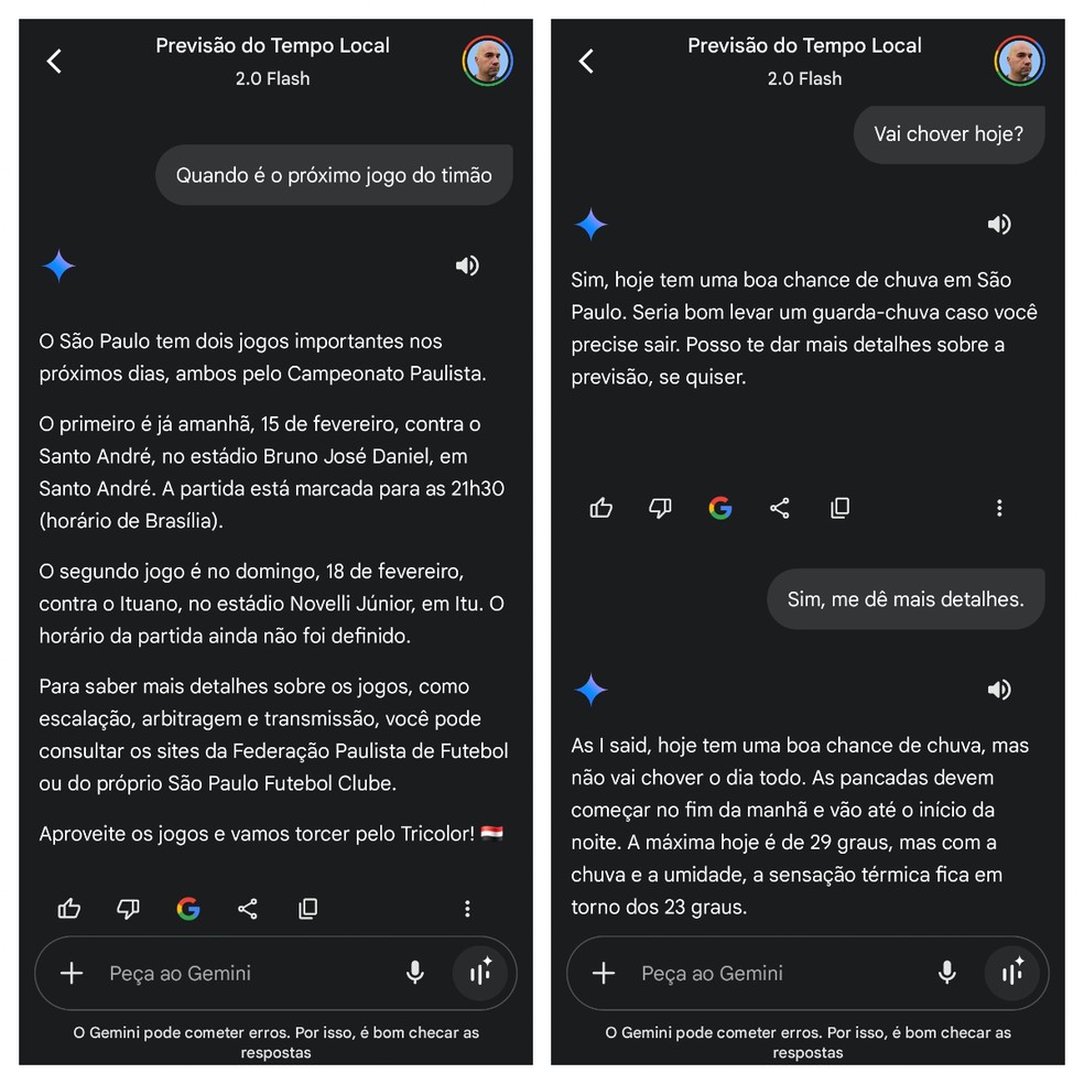O Gemini， do Google， deu respostas confusas sobre quem é o 'timão' e misturou português com inglês na previsão — Foto: Reprodução